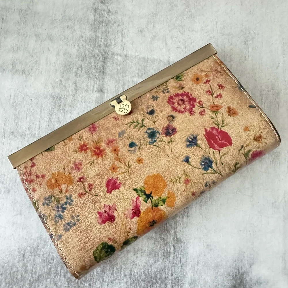 Patricia Nash Cauchy Leather Frame Wallet Floral Prairie Rose RFID Tan Red